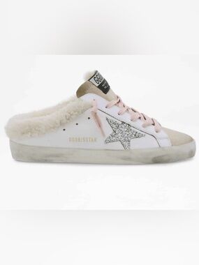 Golden Goose Shearling Star Mule in White with Pink Laces